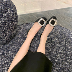 Square buckle rhinestone buckle satin round toe flat shoes NewGew