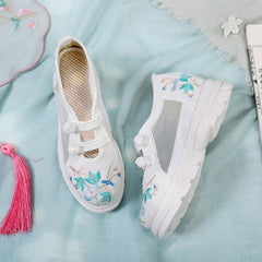 Women's Clan Ancient Style Mesh Embroidered Wedge Canvas Shoes Newgew
