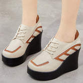 Women Cowhide Color Matching Thick Wedge Casual Shoes Newgew Shoes