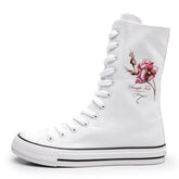 Women's Front Side Zipper Rose Pattern Canvas Shoes Newgew