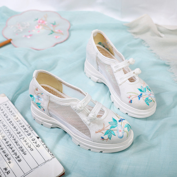 Women's Clan Ancient Style Mesh Embroidered Wedge Canvas Shoes Newgew