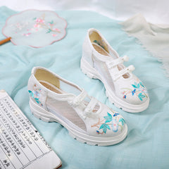 Women's Clan Ancient Style Mesh Embroidered Wedge Canvas Shoes Newgew