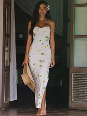 Floral Print Ruched Slit Strapless Maxi Dress Newgew Dresses