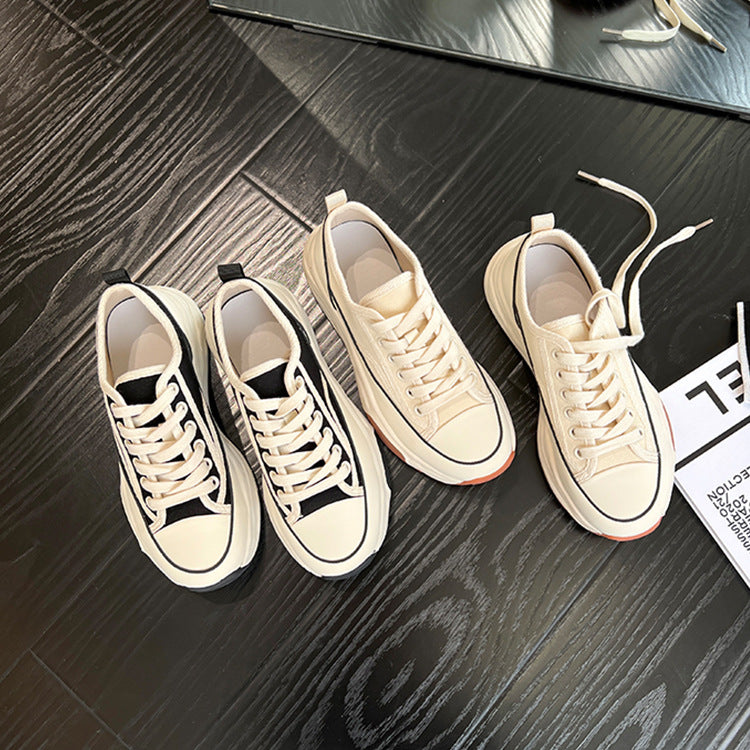 Women's Spring Thick Bottom Versatile Korean Style White Round Canvas Shoes Newgew