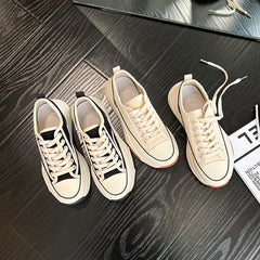 Women's Spring Thick Bottom Versatile Korean Style White Round Canvas Shoes Newgew