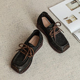 Women Retro Leather Square Head Low Wedge Shoes Newgew Shoes