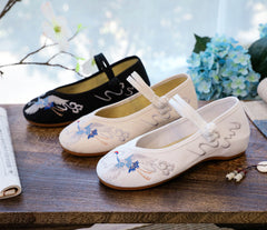 Women's Low Pumps Low-cut Embroidered Cotton One-word Canvas Shoes Newgew