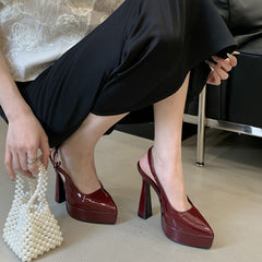 Patent leather metal buckle block heel slip-on pumps NewGew