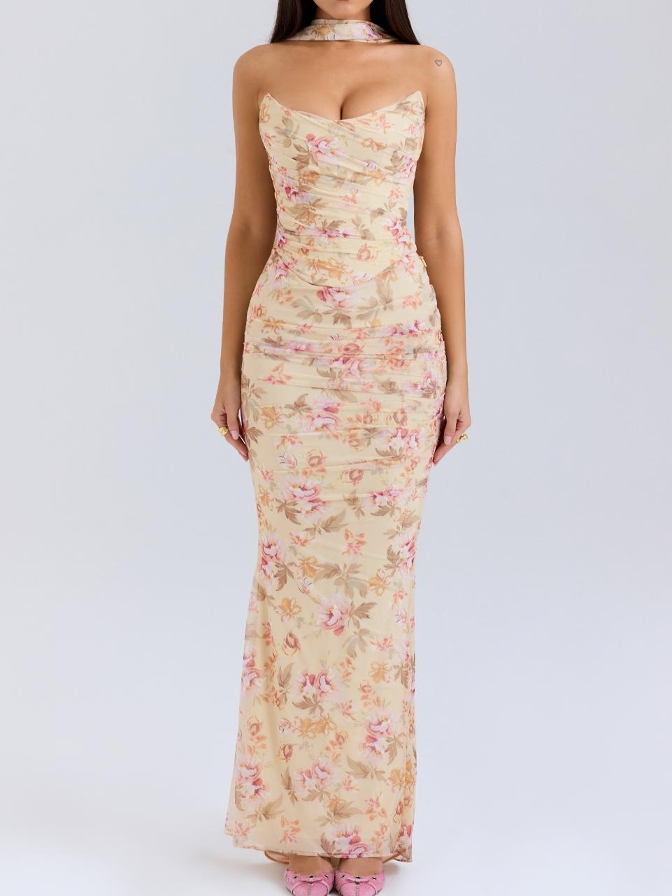 Floral Strapless Bodice and High Waist Skirt with Tie Set Newgew Dresses