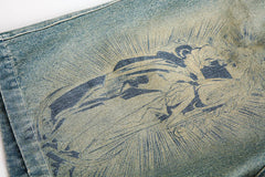 Religious Print Denim Shorts Newgew