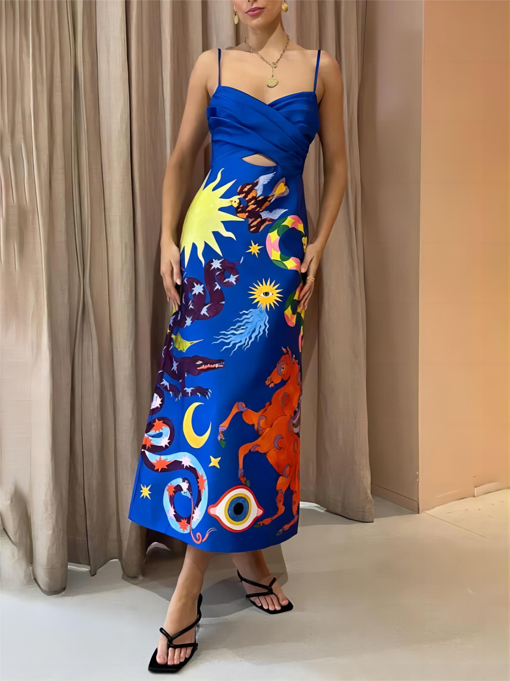 Summer Satin Backless Printed Sleeveless Midi Dress Newgew Dresses