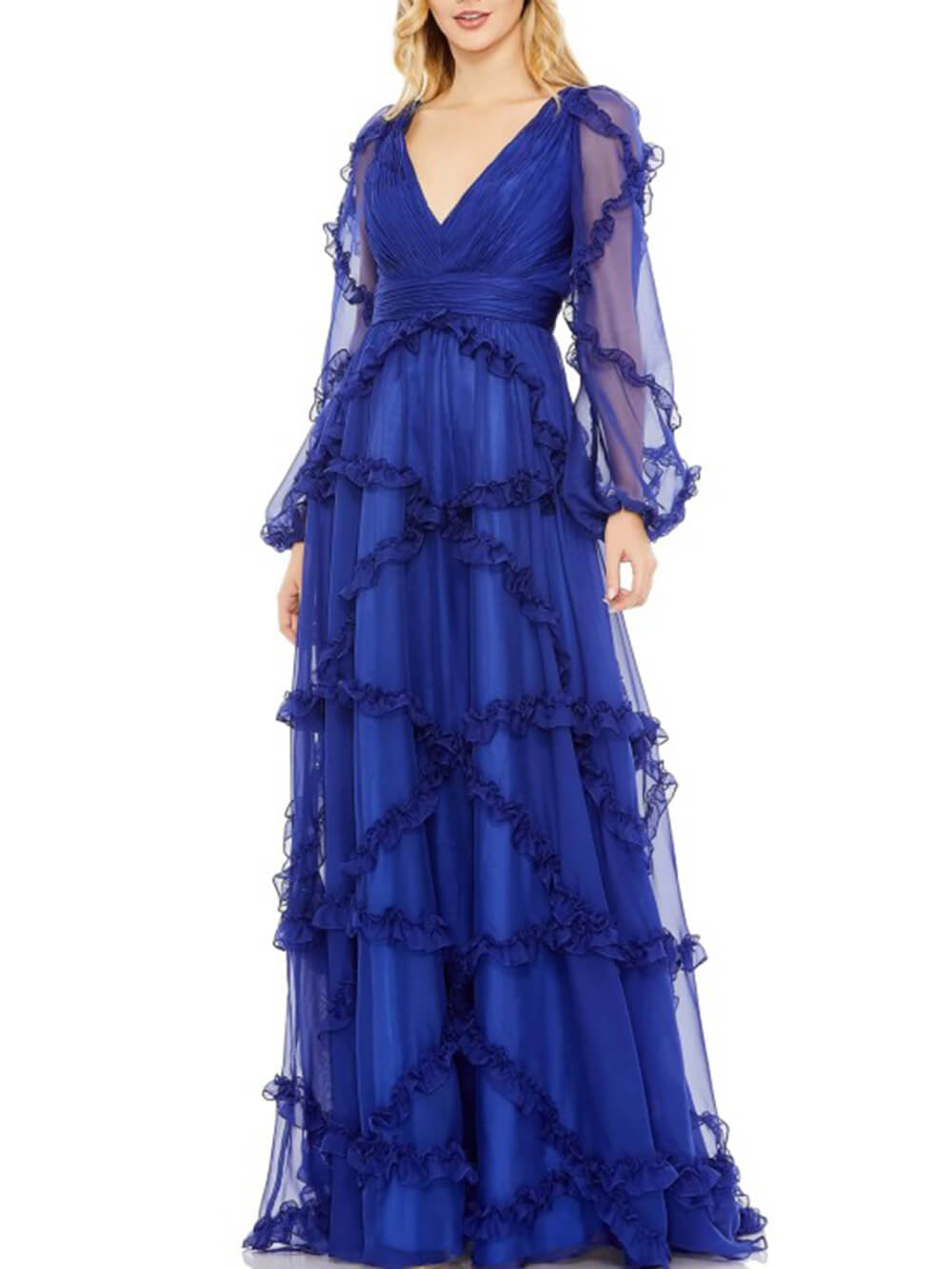 Cascading Ruffle Puff Sleeve A-Line Maxi Dress Newgew Dresses