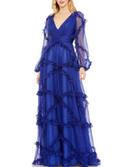 Cascading Ruffle Puff Sleeve A-Line Maxi Dress Newgew Dresses