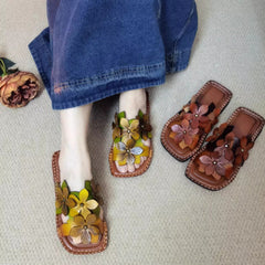 Women Square Toe Leather Applique Slippers Newgew Shoes