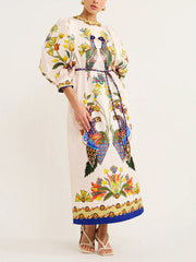 Exquisite And Fun Printed Puff Sleeves Loose Casual Midi Dress Newgew Dresses