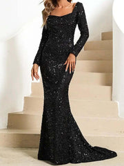 V-Neck Sequin Bodycon Dress with Trumpet Sleeves Newgew Dresses