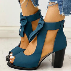 Peep Toe Mesh Insert Bowknot Chunky Heeled Sandals NewGew