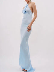 Floral Applique Halter-neck Jersey Maxi Gown in Blue Newgew Dresses