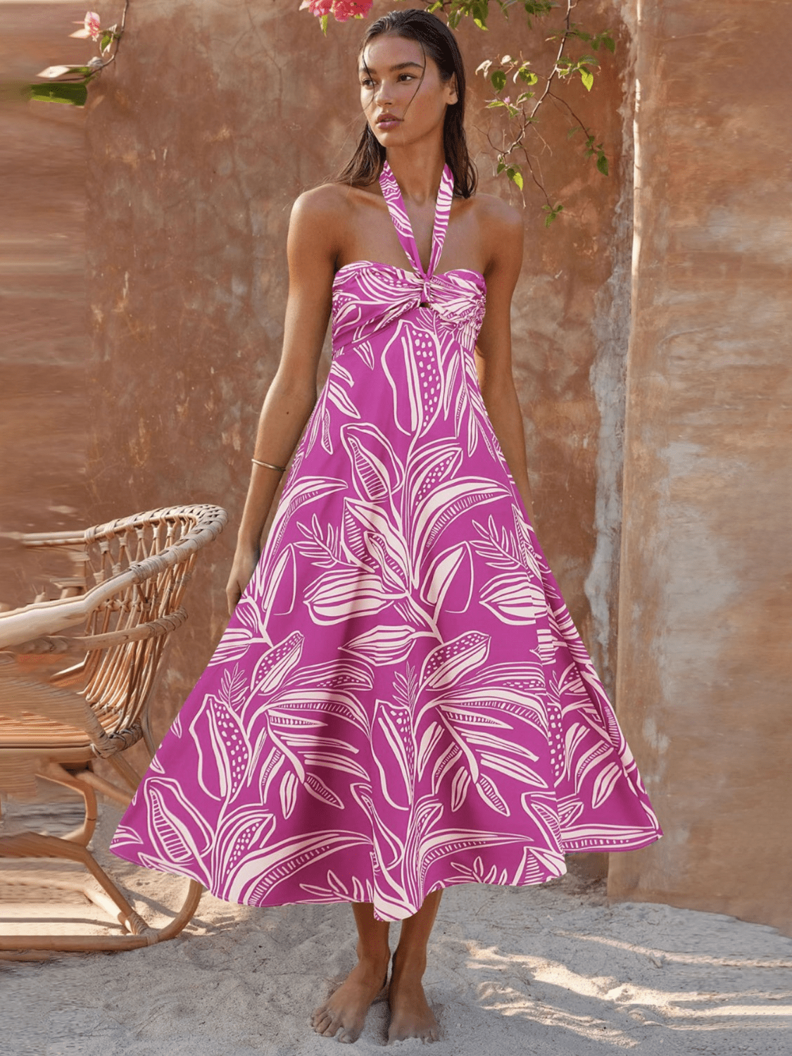 Loral Print Halter Maxi Dress-Pink Newgew Dresses
