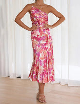 Pink Floral One Shoulder Ruched Satin Dress Newgew Dresses