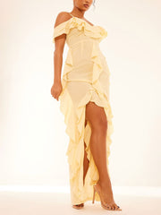 Lemon Cold Shoulder Ruffle Detail Maxi Dress Newgew Dresses