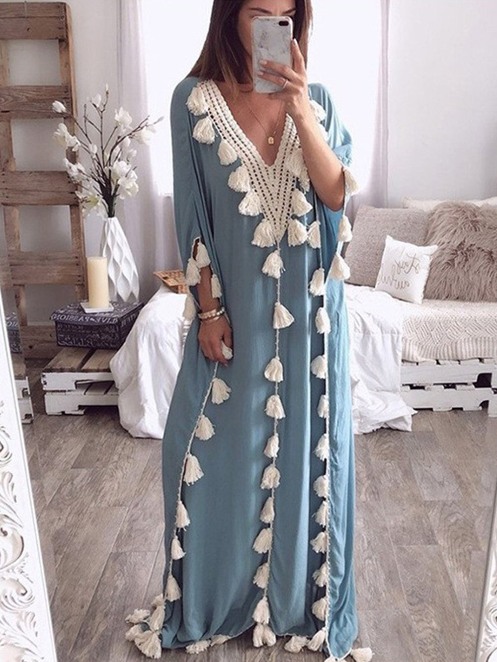 V-Neck Fringed Panel Dress Newgew Dresses