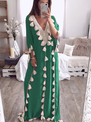 V-Neck Fringed Panel Dress Newgew Dresses