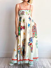 Unique Graffiti Print Suspenders Long Swing Maxi Dress Newgew Dresses