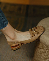 Solid Metallic Buckle Upper Sqaure-toe Flat Slip-on NewGew