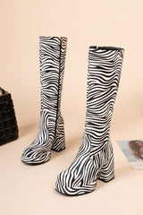 Fashionable Zebra Leopard Print Round Toe Side Zipper Platform Block Heel High Heel Boots NewGew