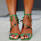 Tropical Leaf Strappy Snake Print Square Toe High Heels - Green NewGew