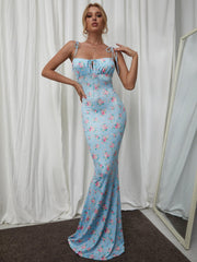 Tie Shoulder Fishtail Hem Floral Print Prom Dress Newgew Dresses