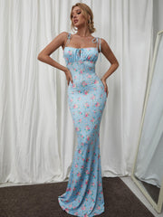 Tie Shoulder Fishtail Hem Floral Print Prom Dress Newgew Dresses