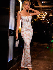 Tie Shoulder Fishtail Hem Floral Print Prom Dress Newgew Dresses