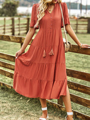 Women's Orange Short Sleeve V-Neck Ruffled Dress Newgew Dresses