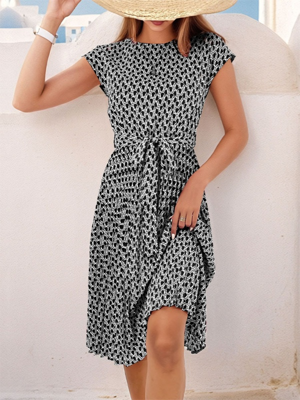 Women's Short Sleeve Patterned Midi Dress with Waist Tie Newgew Dresses