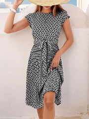 Women's Short Sleeve Patterned Midi Dress with Waist Tie Newgew Dresses