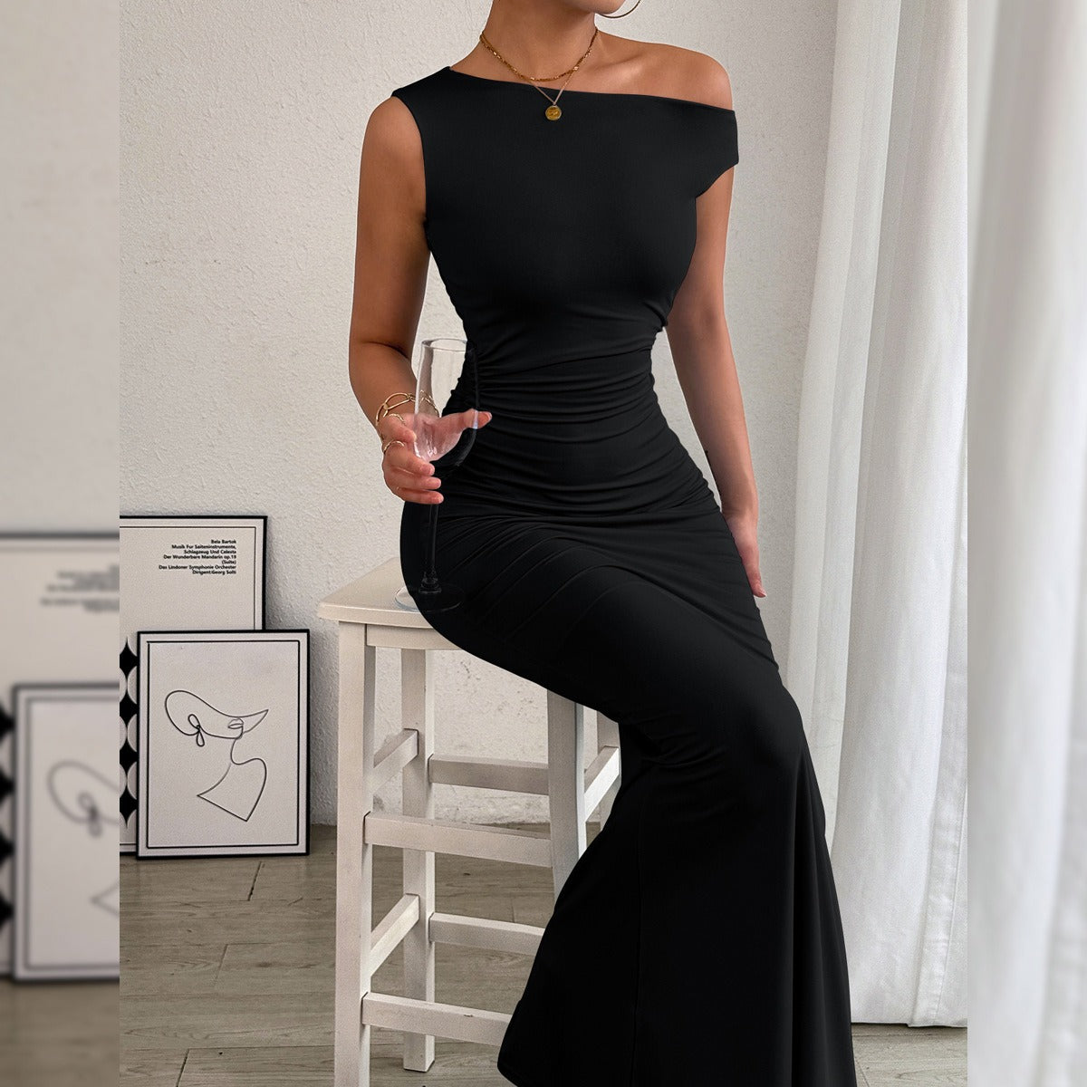 Fishtail Off-The-Shoulder Pleated Dress Newgew
