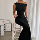 Fishtail Off-The-Shoulder Pleated Dress Newgew