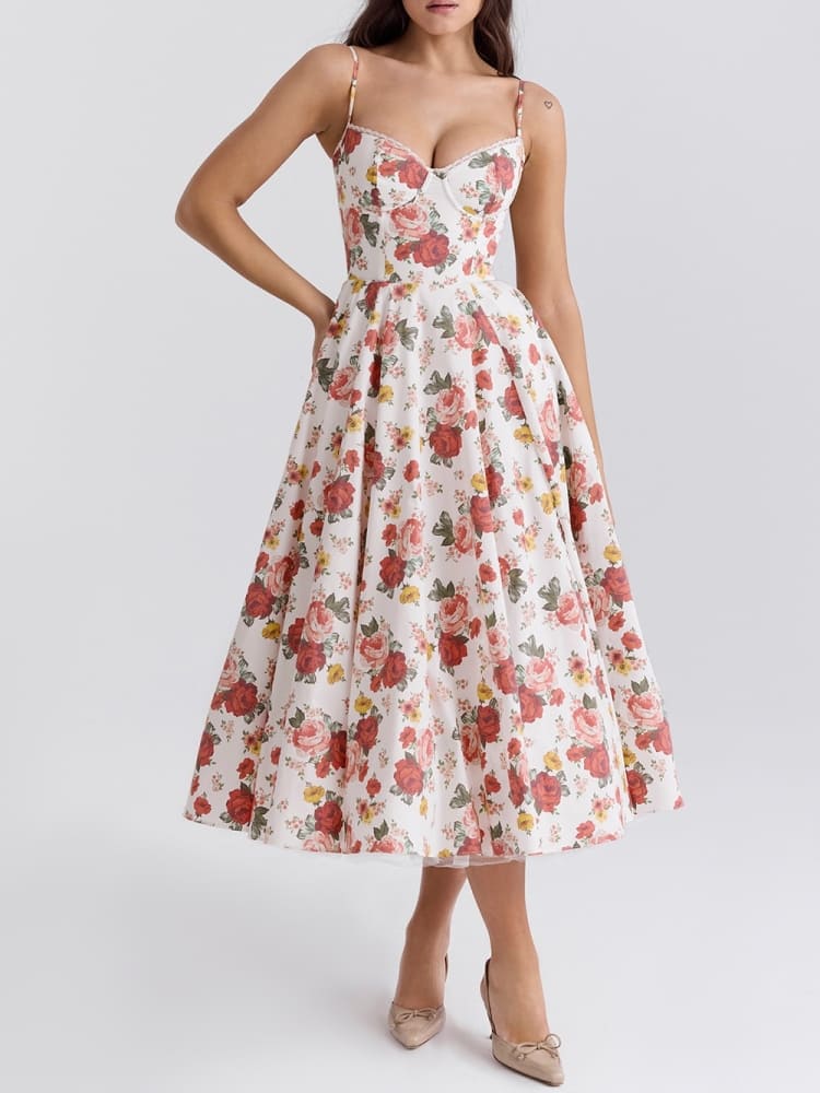 Italian Rose Print Tulle Midi Dress Newgew Dresses