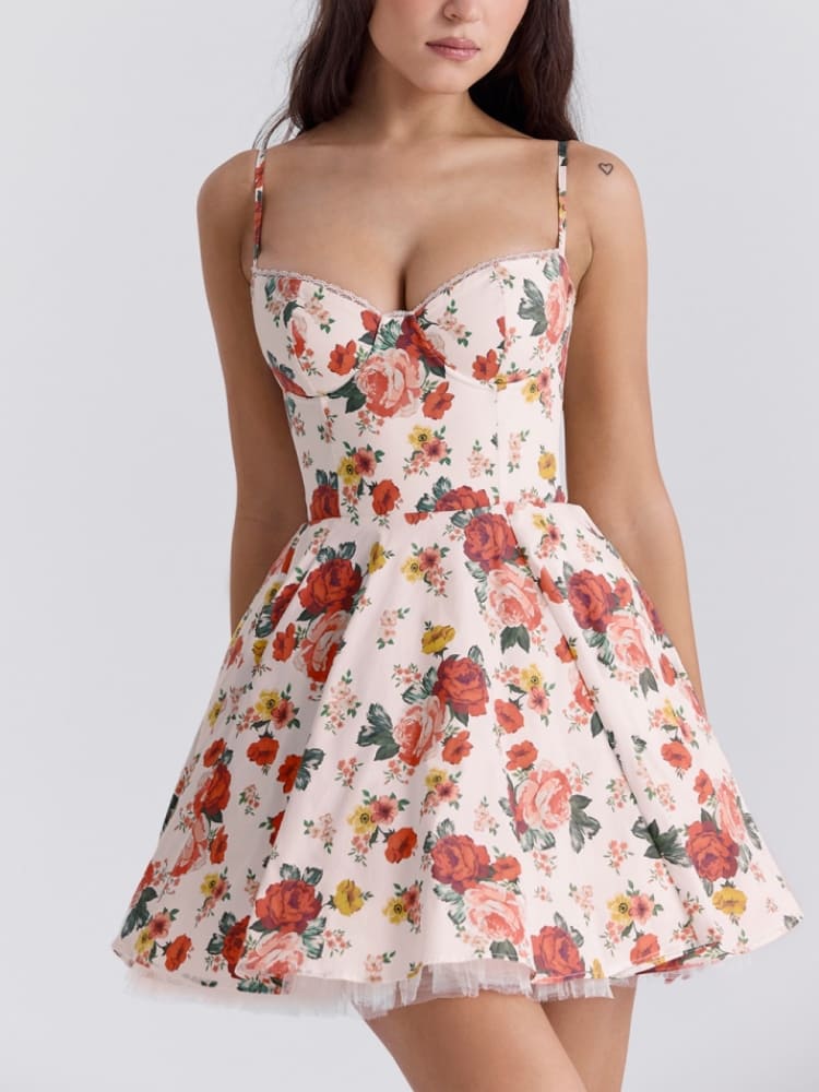 Italian Rose Print Tulle Mini Dress Newgew Dresses