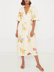 Unique Holiday Folk Floral Print Puff Sleeve Midi Dress Newgew Dresses