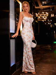 Tie Shoulder Fishtail Hem Floral Print Prom Dress Newgew Dresses