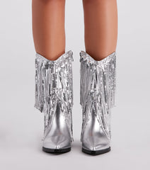 Sparkly Vibes Metallic Fringe Cowboy Boots Newgew