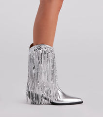 Sparkly Vibes Metallic Fringe Cowboy Boots Newgew