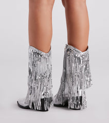 Sparkly Vibes Metallic Fringe Cowboy Boots Newgew