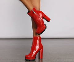 Red Hot Faux Patent Leather Lug Booties Newgew