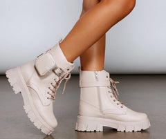 Faux Leather Lug Sole Booties With Pouch Newgew