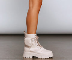 Faux Leather Lug Sole Booties With Pouch Newgew