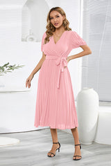 V-Neck Pleated Tie-Waist Midi Dress Newgew